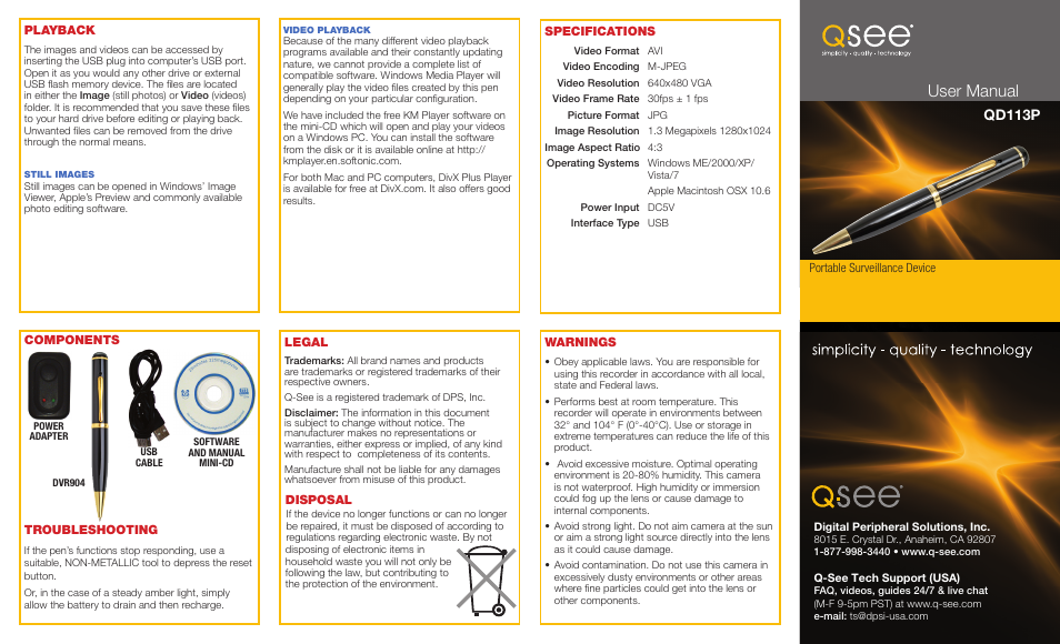 User manual, Qd113p | Q-See QD113P User Manual | Page 2 / 2