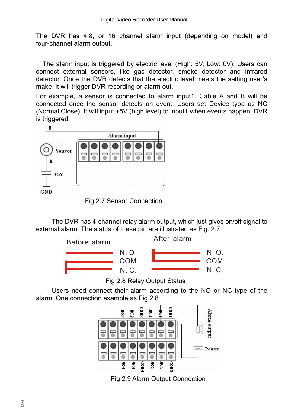 Installing sensor alarm, 2 installing sensor alarm, Alarm input | Alarm output | Q-See QSTD2408 User Manual | Page 12 / 76