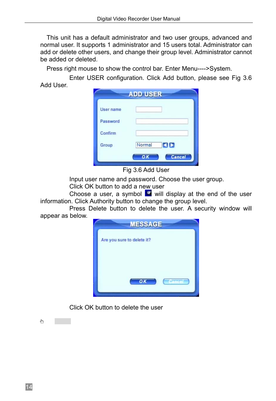 Click ok button to add a new user, Click ok button to delete the user, Add & delete users | Q-See QSTD2408 User Manual | Page 18 / 76