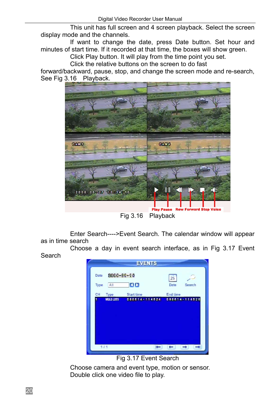 Event search, Choose camera and event type, motion or sensor, Double click one video file to play | Q-See QSTD2408 User Manual | Page 24 / 76