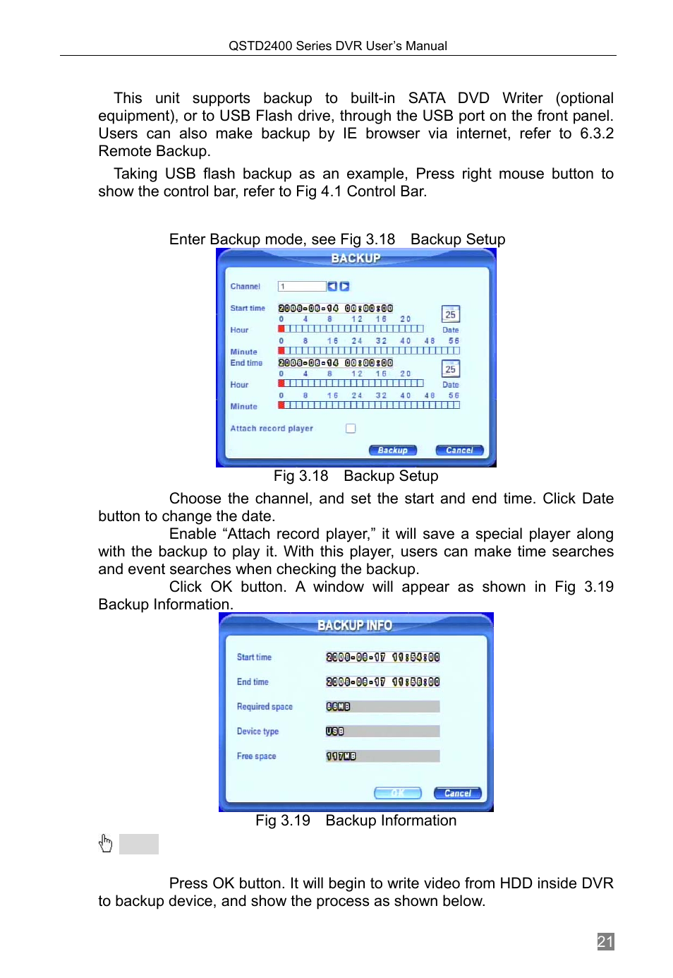 Backup & viewing, Enter backup mode, see fig 3.18 backup setup, 5 backup & viewing | At dvr location | Q-See QSTD2408 User Manual | Page 25 / 76