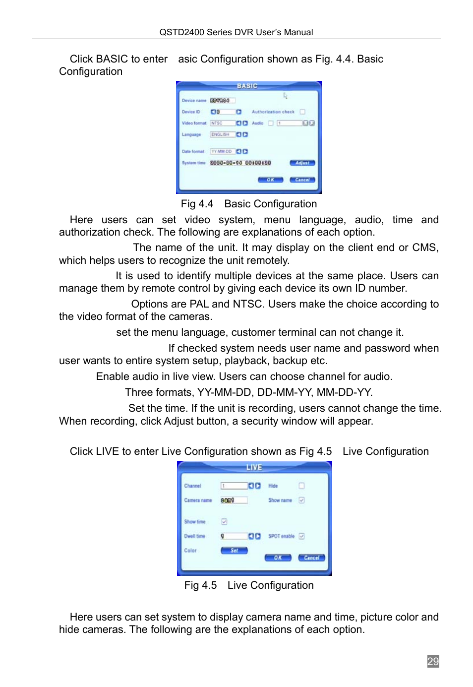 Basic configuration, Live configuration, 1 basic configuration | 2 live configuration | Q-See QSTD2408 User Manual | Page 33 / 76