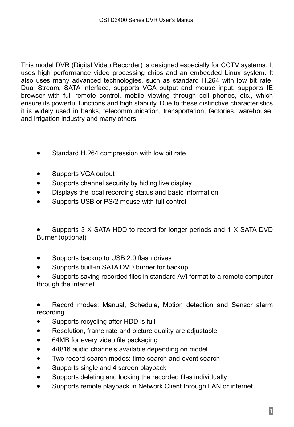 Introduction, Dvr introduction, Main features | Compression format, Live surveillance, Recording media, Backup, Recording & playback, Chapter 1, 1 dvr introduction | Q-See QSTD2408 User Manual | Page 5 / 76