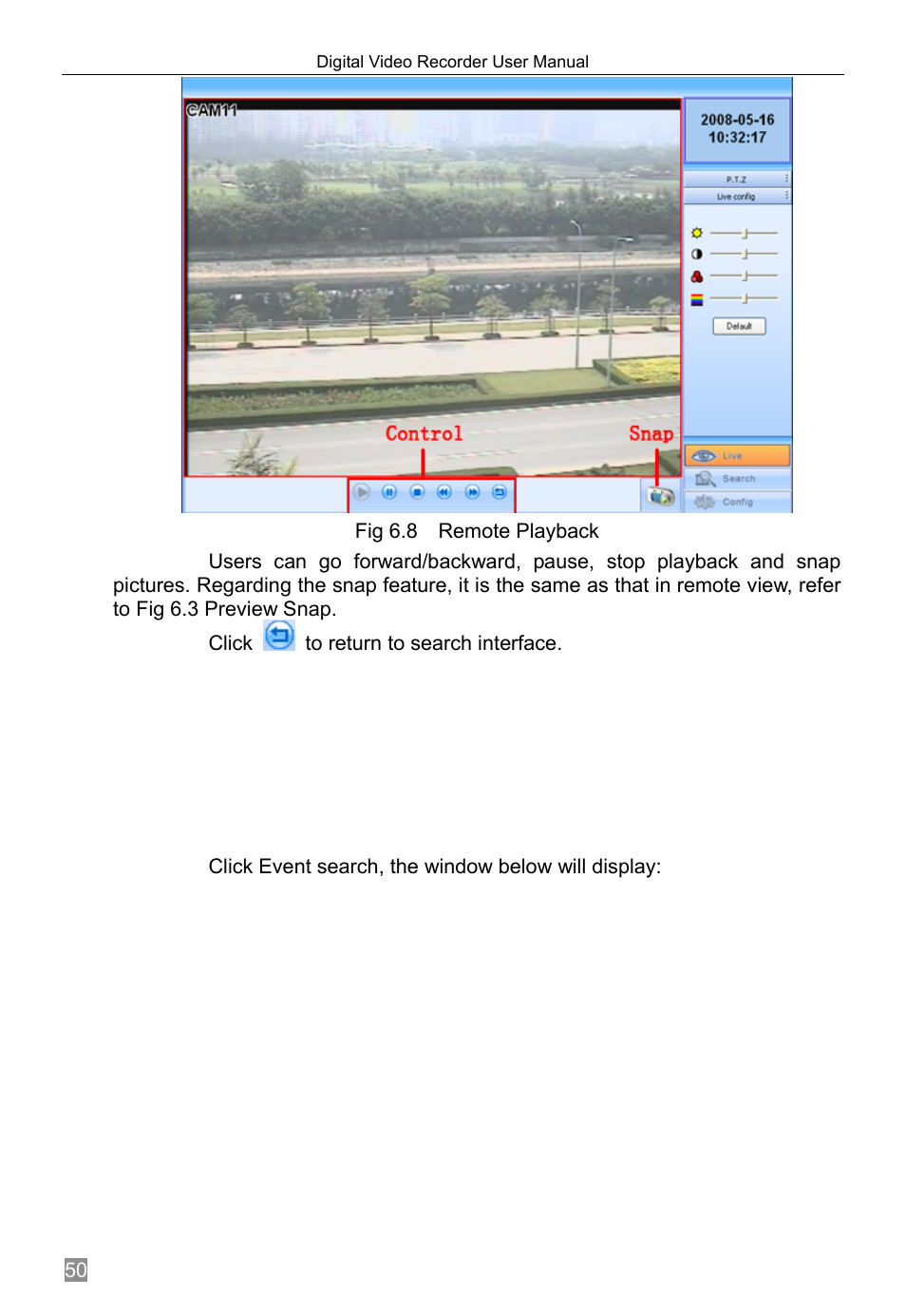 Click to return to search interface, Click event search, the window below will display, Using event search | Q-See QSTD2408 User Manual | Page 54 / 76