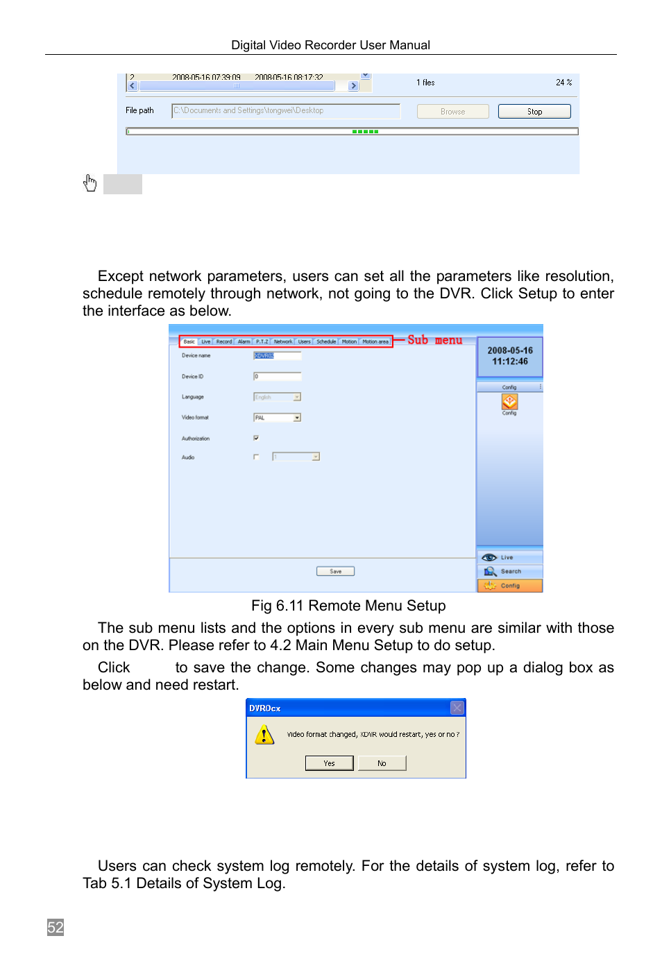 Remote menu configuration, Remote dvr management, Checking system log remotely | 4 remote menu configuration, 5 remote dvr management, 1 checking system log remotely | Q-See QSTD2408 User Manual | Page 56 / 76