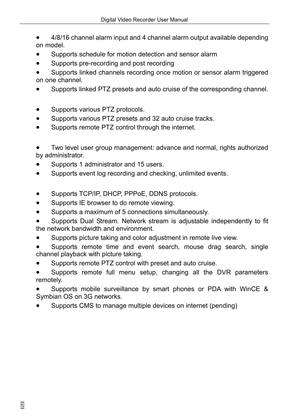 Alarm, Ptz control, Security | Network | Q-See QSTD2408 User Manual | Page 6 / 76
