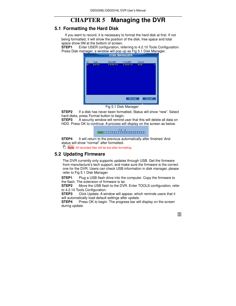 Chapter 5 managing the dvr, 1 formatting the hard disk, 2 updating firmware | Q-See QSD2316L User Manual | Page 47 / 80