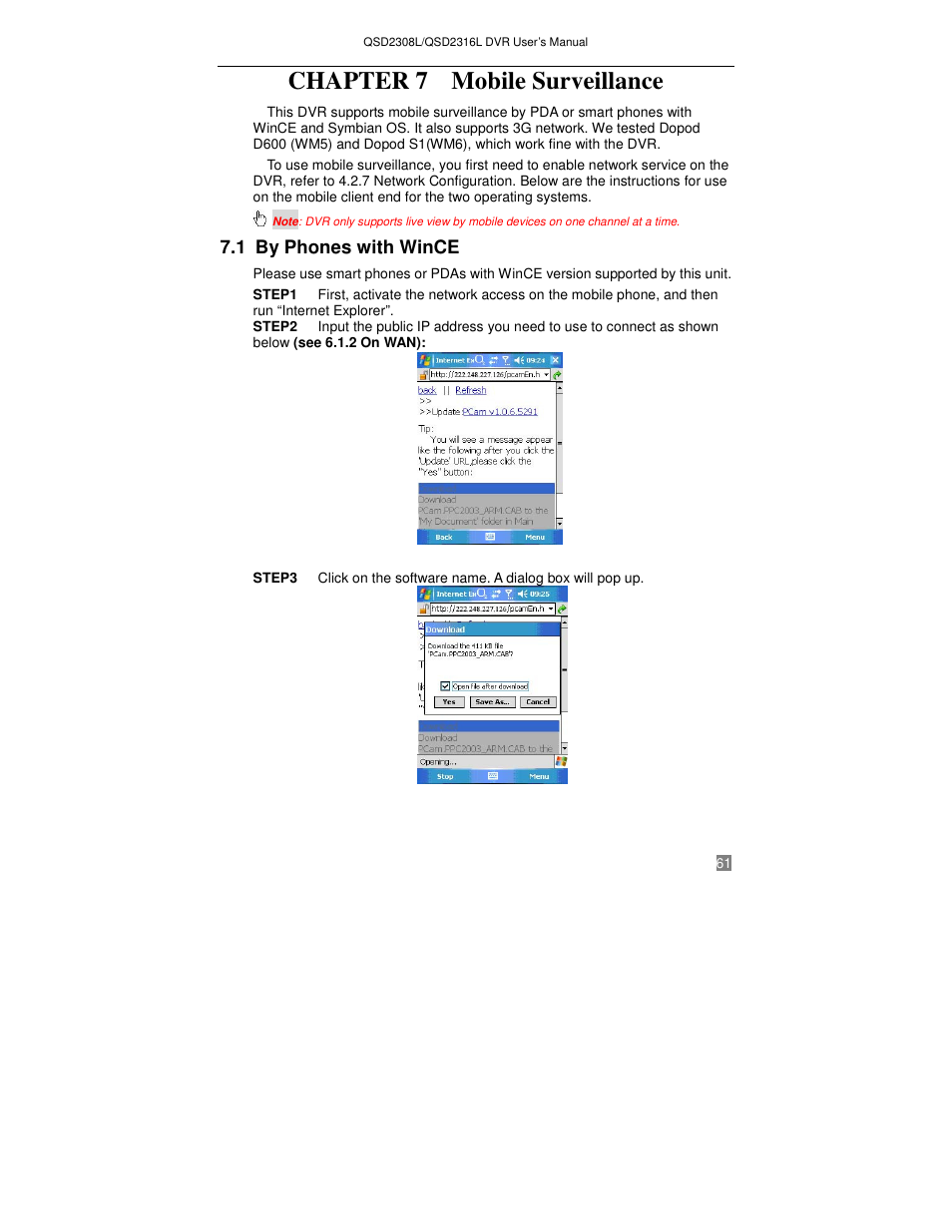 Chapter 7 mobile surveillance, 1 by phones with wince | Q-See QSD2316L User Manual | Page 65 / 80