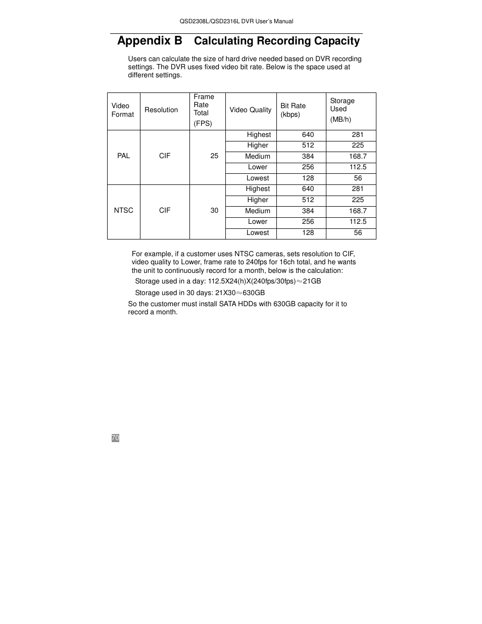 Appendix b, Calculating recording capacity | Q-See QSD2316L User Manual | Page 74 / 80