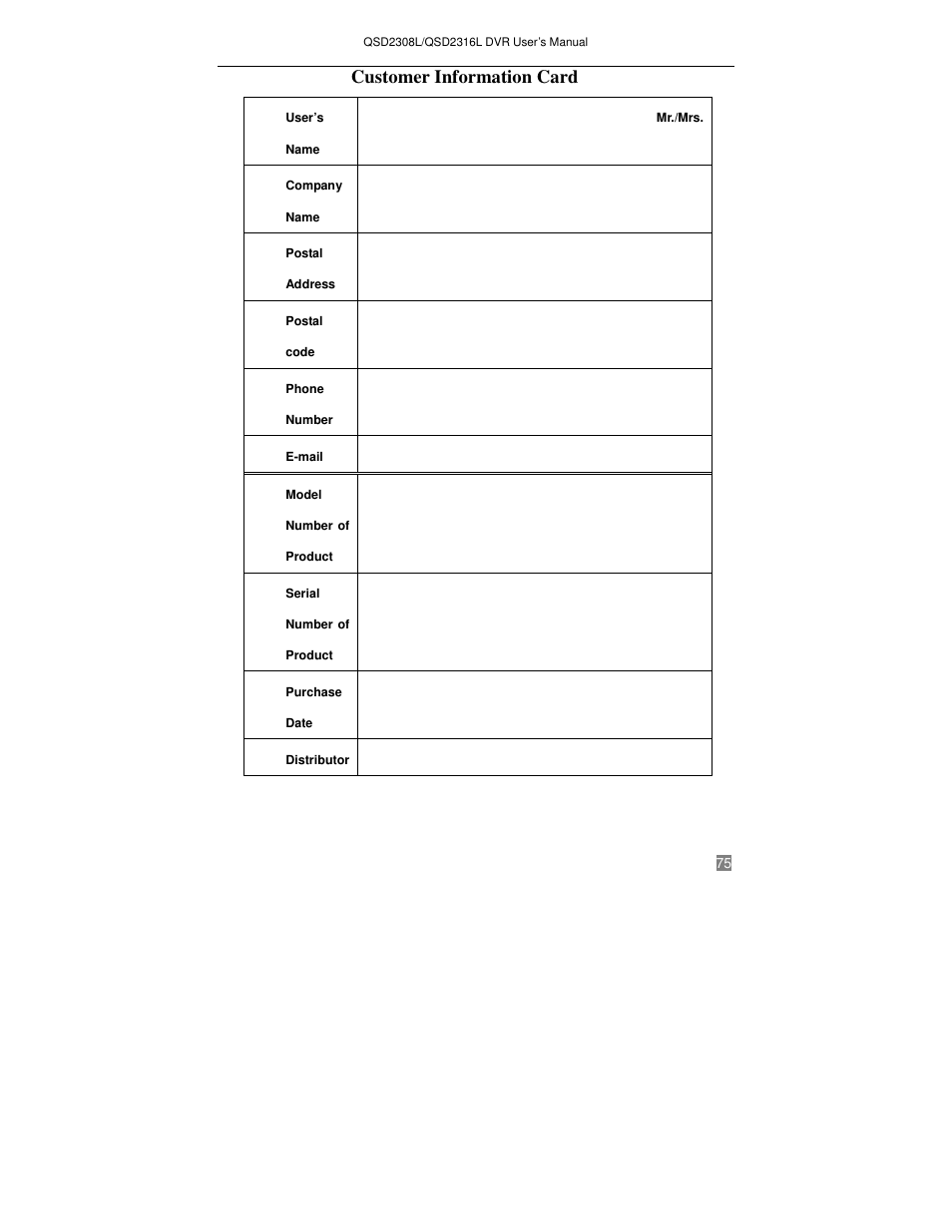 Customer information card | Q-See QSD2316L User Manual | Page 79 / 80