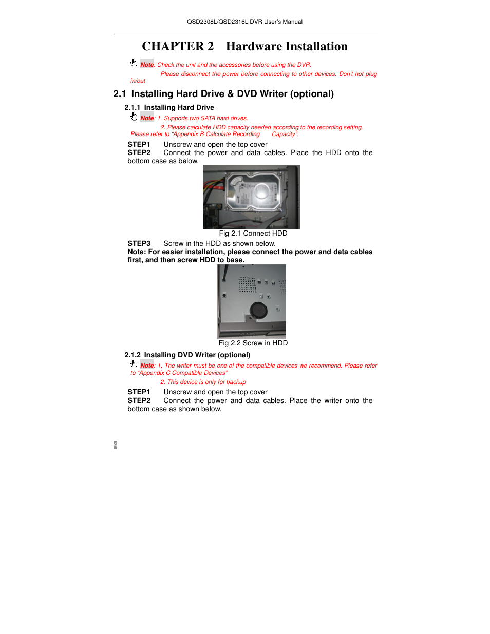 Chapter 2 hardware installation, 1 installing hard drive & dvd writer (optional) | Q-See QSD2316L User Manual | Page 8 / 80