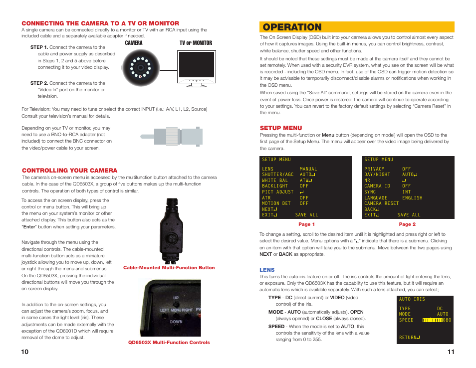 Setup menu, Lens, Controlling your camera | Operation, Connecting the camera to a tv or monitor | Q-See QD6503X User Manual | Page 6 / 11