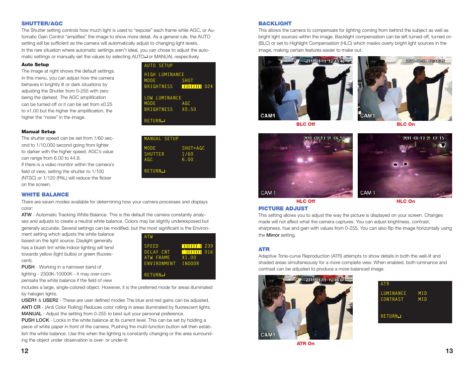Shutter/agc, White balance, Backlight | Picture adjust, Shutter/agc (automatic gain control), Atr (adaptive tone-curve reproduction) | Q-See QD6503X User Manual | Page 7 / 11