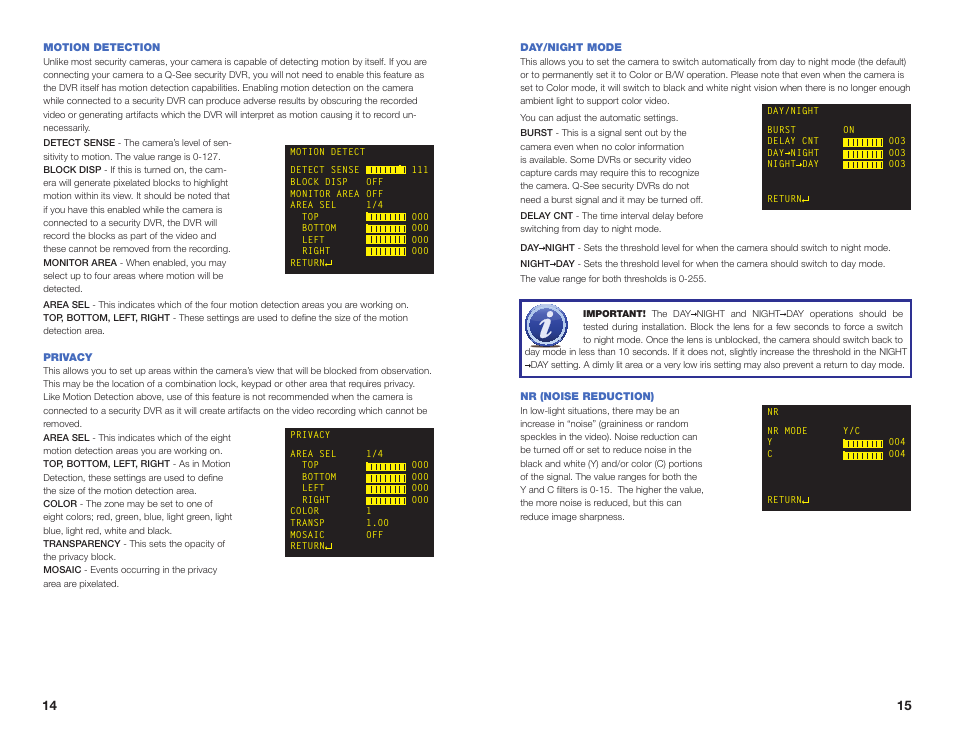 Motion detection, Privacy, Day/night mode | Nr (noise reduction) | Q-See QD6503X User Manual | Page 8 / 11