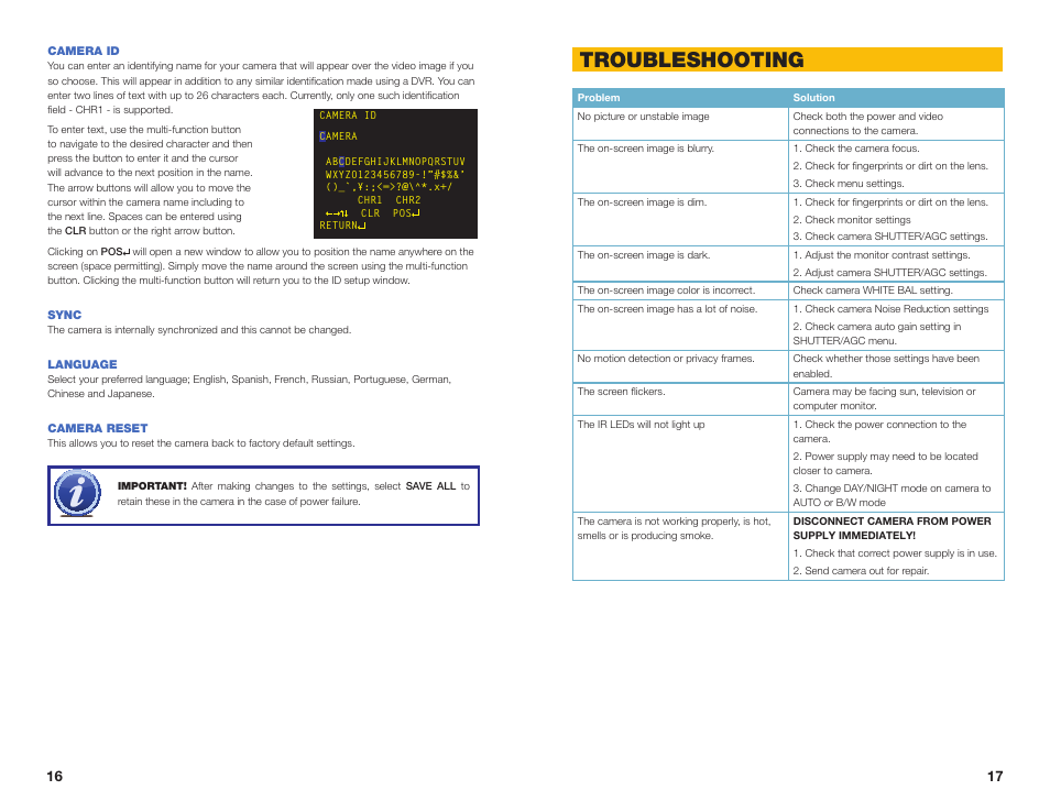 Camera id, Sync, Language | Camera reset, Troubleshooting | Q-See QD6503X User Manual | Page 9 / 11