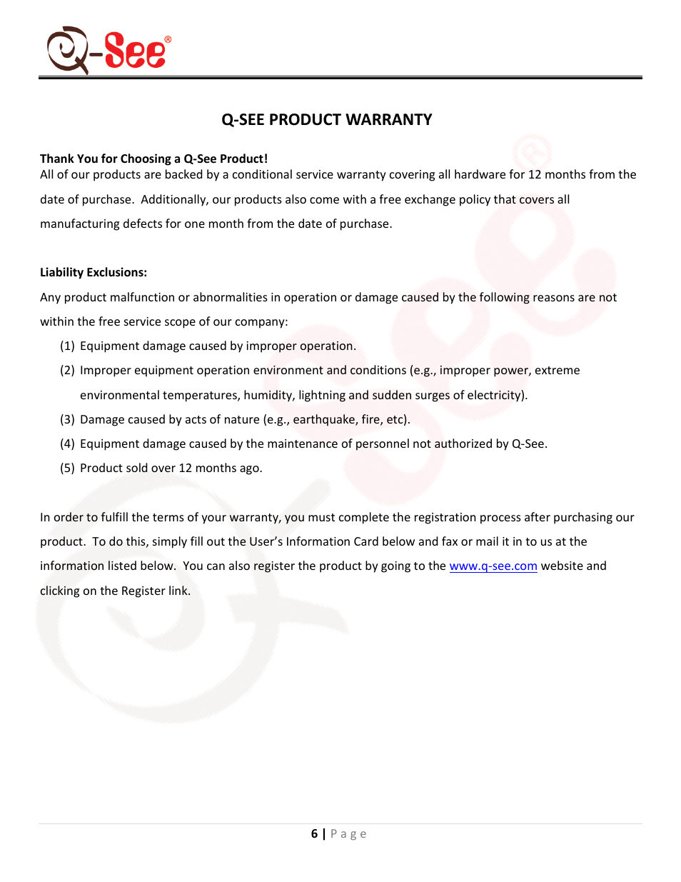 Q-see product warranty, Qsdl506w user manual | Q-See QSDL506W User Manual | Page 8 / 9