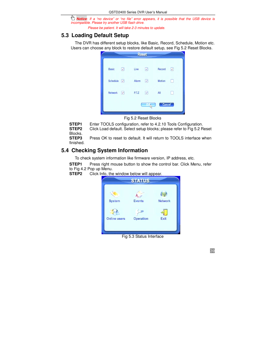 3 loading default setup, 4 checking system information | Q-See QSTD2408 User Manual | Page 43 / 75