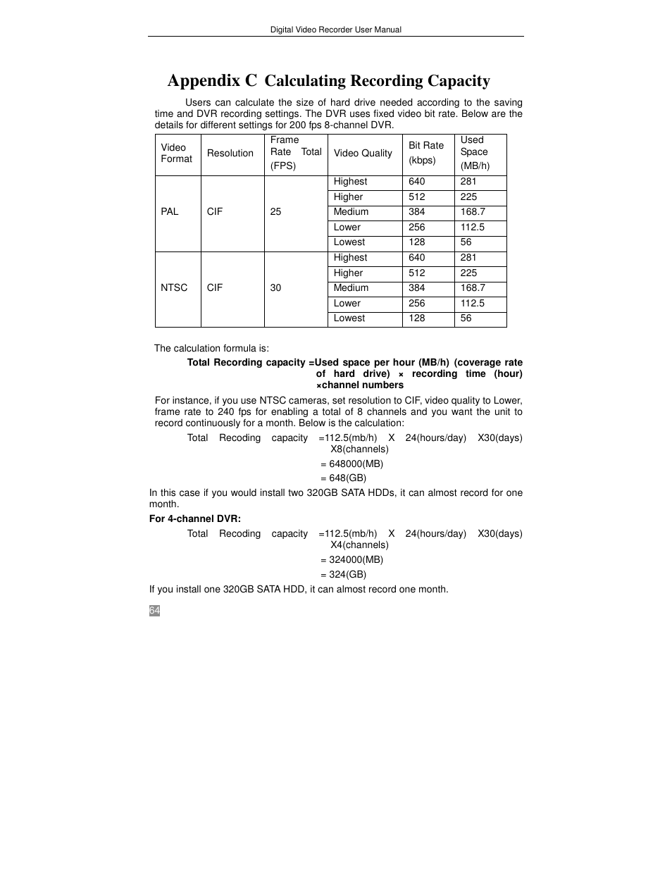 Appendix c, Calculating recording capacity | Q-See QSTD2408 User Manual | Page 68 / 75