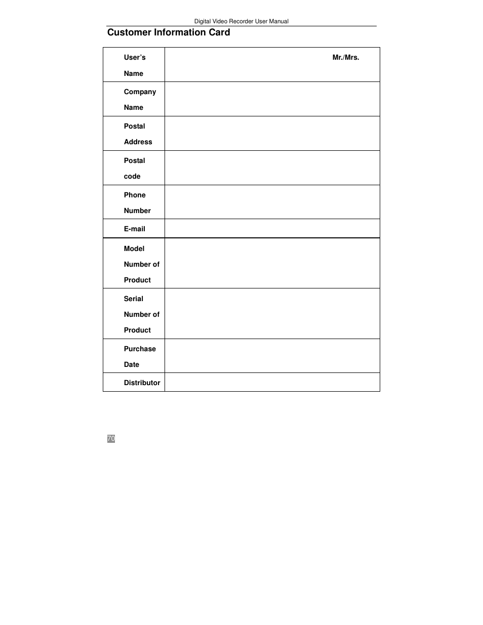 Customer information card | Q-See QSTD2408 User Manual | Page 74 / 75