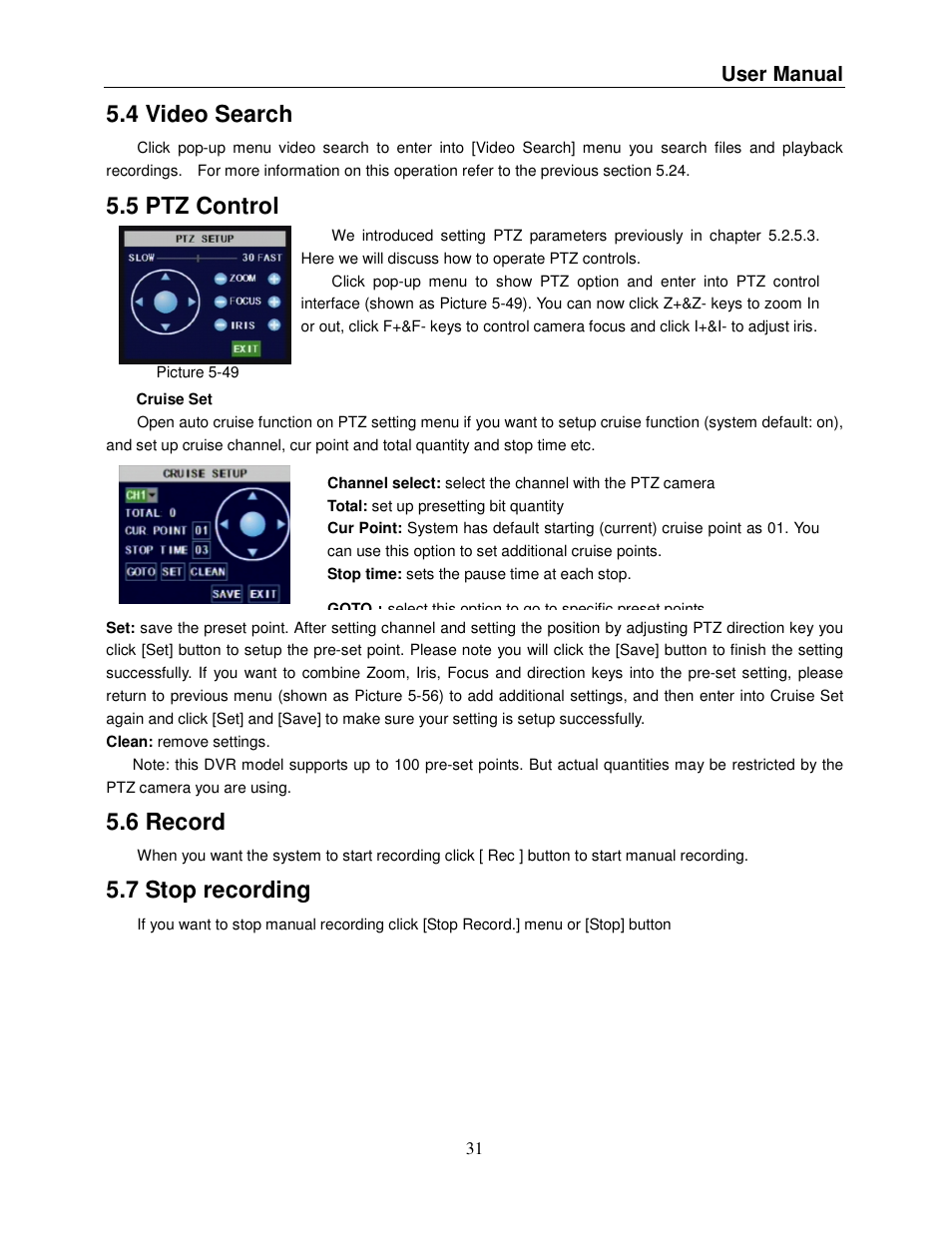 4 video search, 5 ptz control, 6 record | 7 stop recording, User manual | Q-See QSDR008RTC User Manual | Page 35 / 47