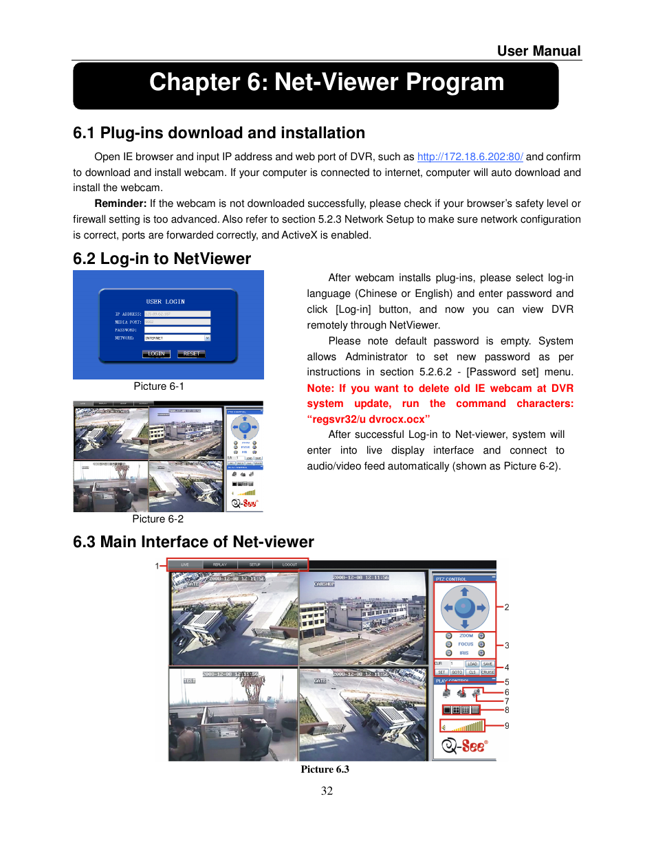 Chapter 6, Net-viewer program, 1 plug-ins download and installation | 2 log-in to netviewer, 3 main interface of net-viewer, User manual | Q-See QSDR008RTC User Manual | Page 36 / 47