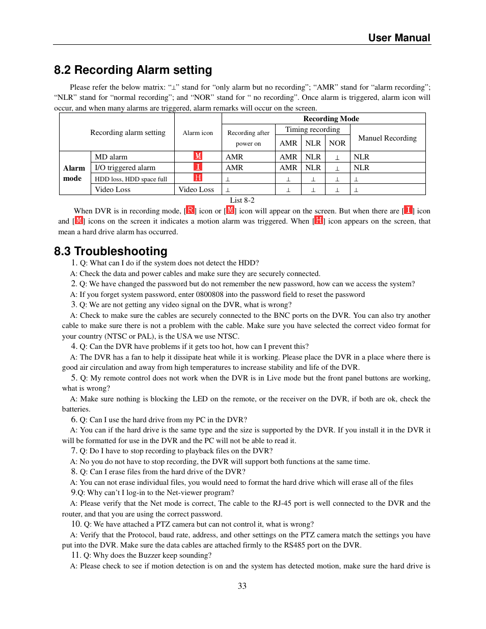 2 recording alarm setting, 3 troubleshooting, User manual | Q-See QSDR008RTC User Manual | Page 43 / 47