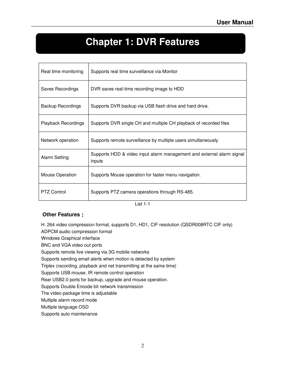 Chapter 1: dvr features, User manual | Q-See QSDR008RTC User Manual | Page 6 / 47