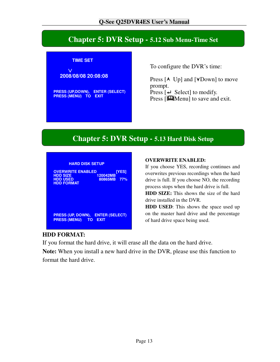 Chapter 5: dvr setup | Q-See Q25DVR4ES User Manual | Page 13 / 25