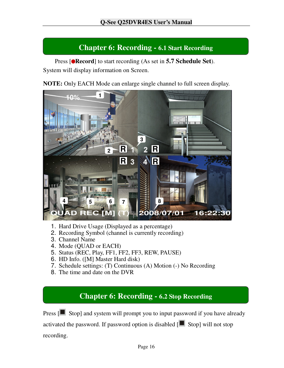 Chapter 6: recording | Q-See Q25DVR4ES User Manual | Page 16 / 25