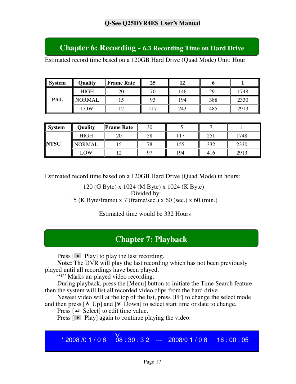 Chapter 7: playback, Chapter 6: recording | Q-See Q25DVR4ES User Manual | Page 17 / 25