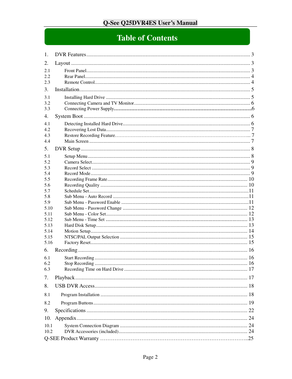 Q-See Q25DVR4ES User Manual | Page 2 / 25