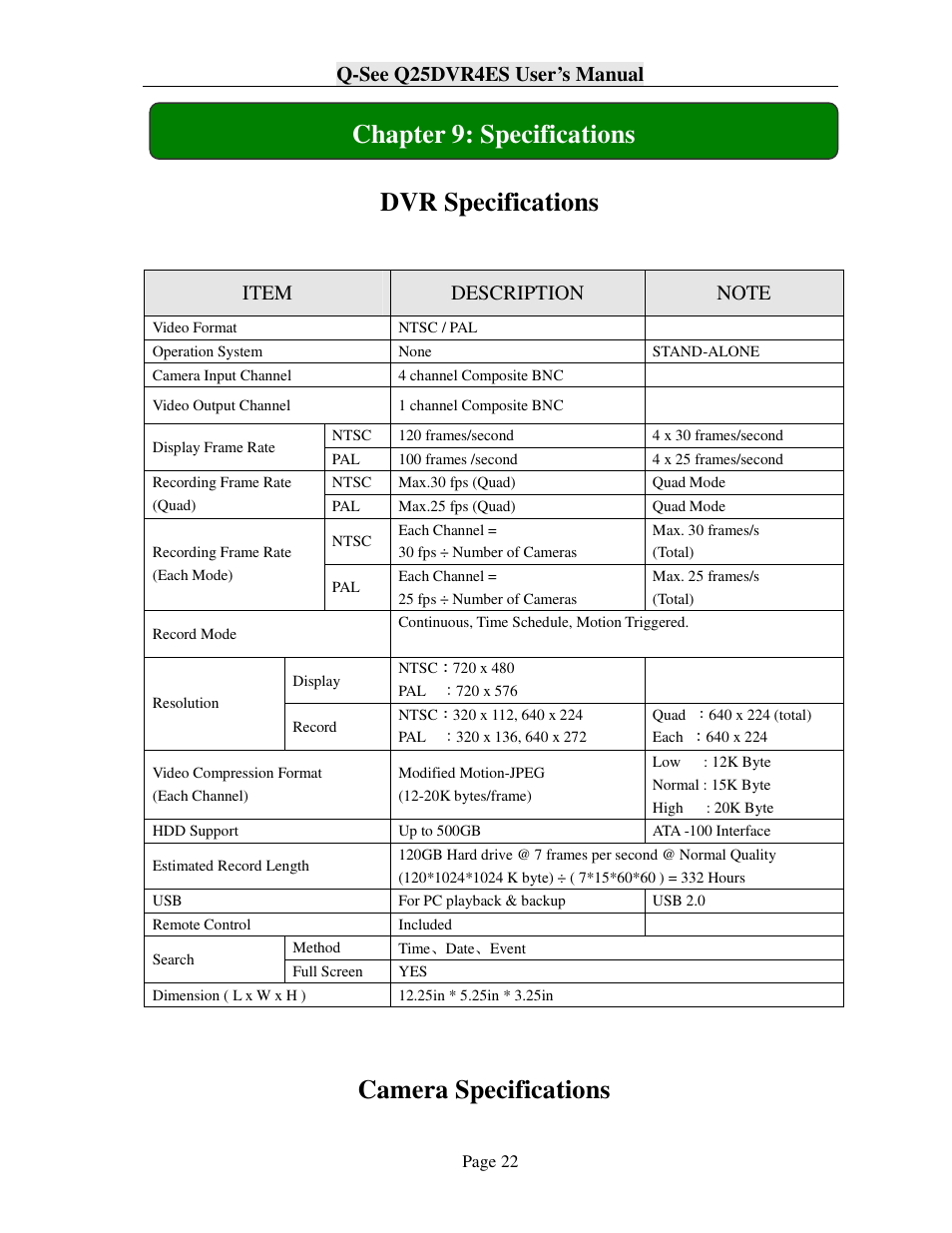 Dvr specifications, Camera specifications chapter 9: specifications, Q-see q25dvr4es user’s manual | Q-See Q25DVR4ES User Manual | Page 22 / 25