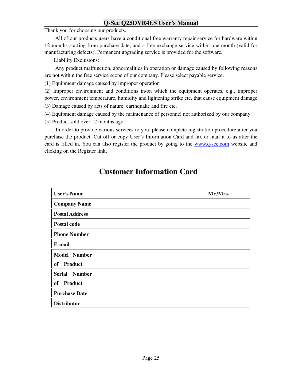 Customer information card | Q-See Q25DVR4ES User Manual | Page 25 / 25