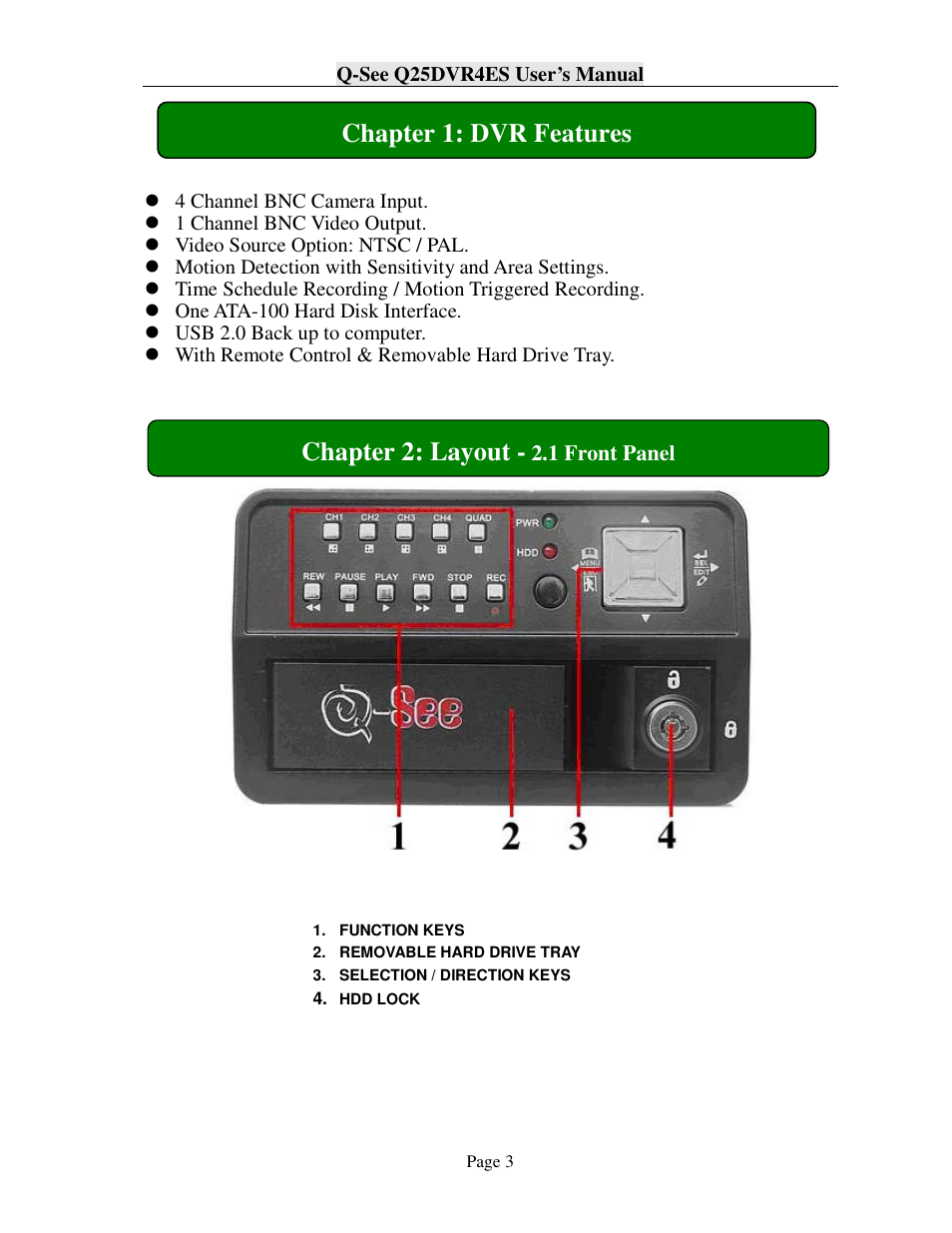 Chapter 1: dvr features chapter 2: layout, 1 front panel | Q-See Q25DVR4ES User Manual | Page 3 / 25