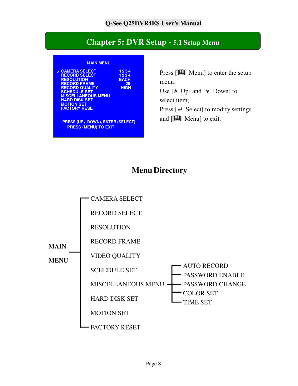 Menu, Directory, Chapter 5: dvr setup | Q-See Q25DVR4ES User Manual | Page 8 / 25