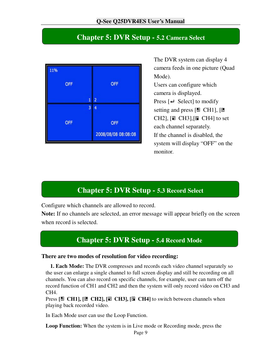 Chapter 5: dvr setup | Q-See Q25DVR4ES User Manual | Page 9 / 25