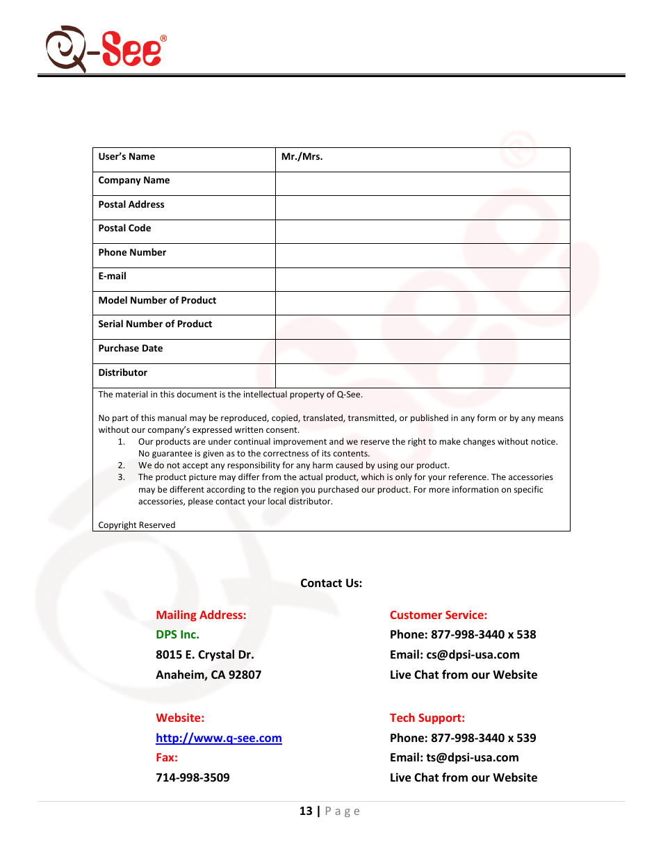 Customer information card, Questions or comments, Qsdl503ad user manual | Q-See QSDL503AD User Manual | Page 15 / 15