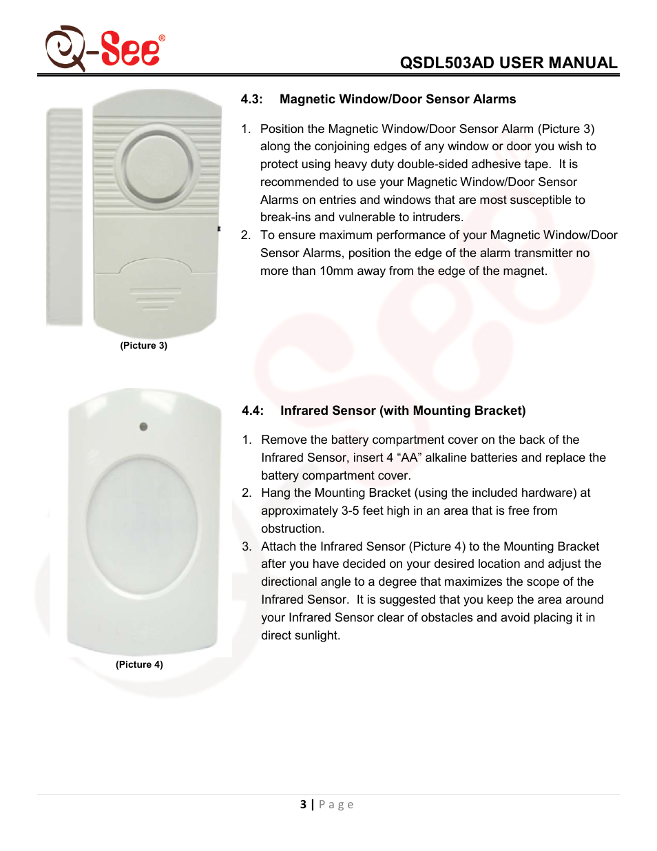 Magnetic window/door sensor alarms, Infrared sensor (with mounting bracket), Qsdl503ad user manual | Q-See QSDL503AD User Manual | Page 5 / 15