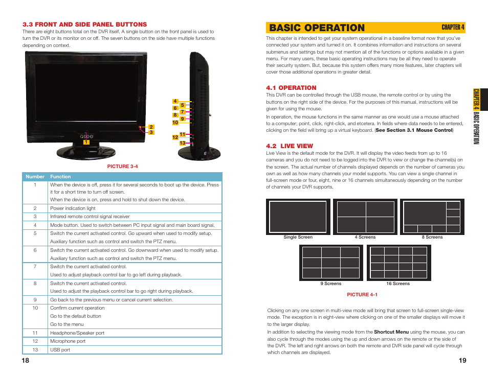 2 live view, 1 operation, 3 front and side panel buttons | Basic operation, Chapter 4 basic opera tion, Chapter 4 | Q-See MODEL QC40196 User Manual | Page 10 / 36