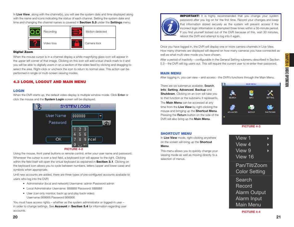 3 login, logout and main menu, Login, Main menu | Shortcut menu | Q-See MODEL QC40196 User Manual | Page 11 / 36