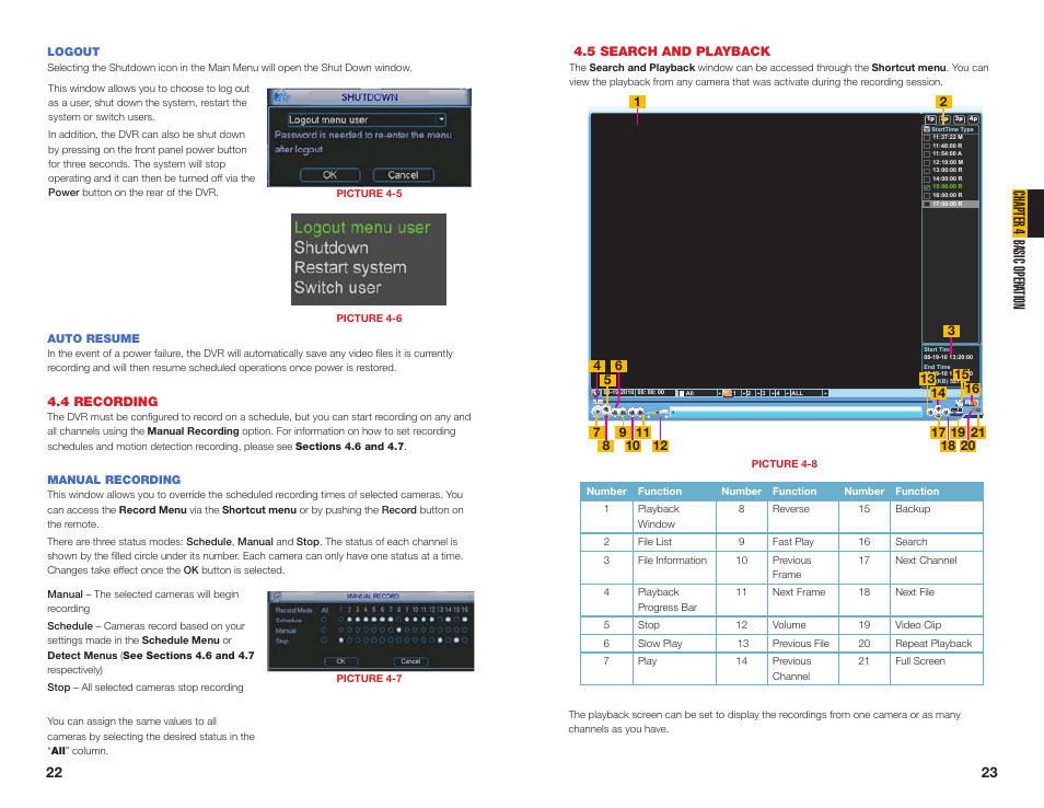 5 search and playback, 4 recording, Manual recording | Logout, Auto resume, Chapter 4 basic opera tion | Q-See MODEL QC40196 User Manual | Page 12 / 36