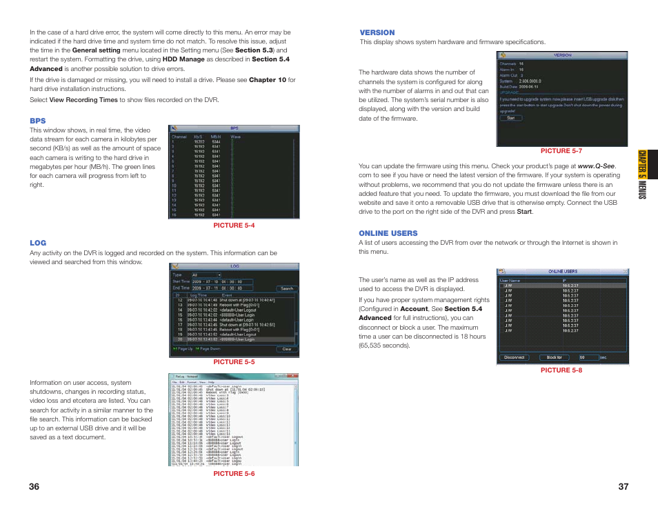 Version, Online users, Chapter 5 menus | Q-See MODEL QC40196 User Manual | Page 19 / 36