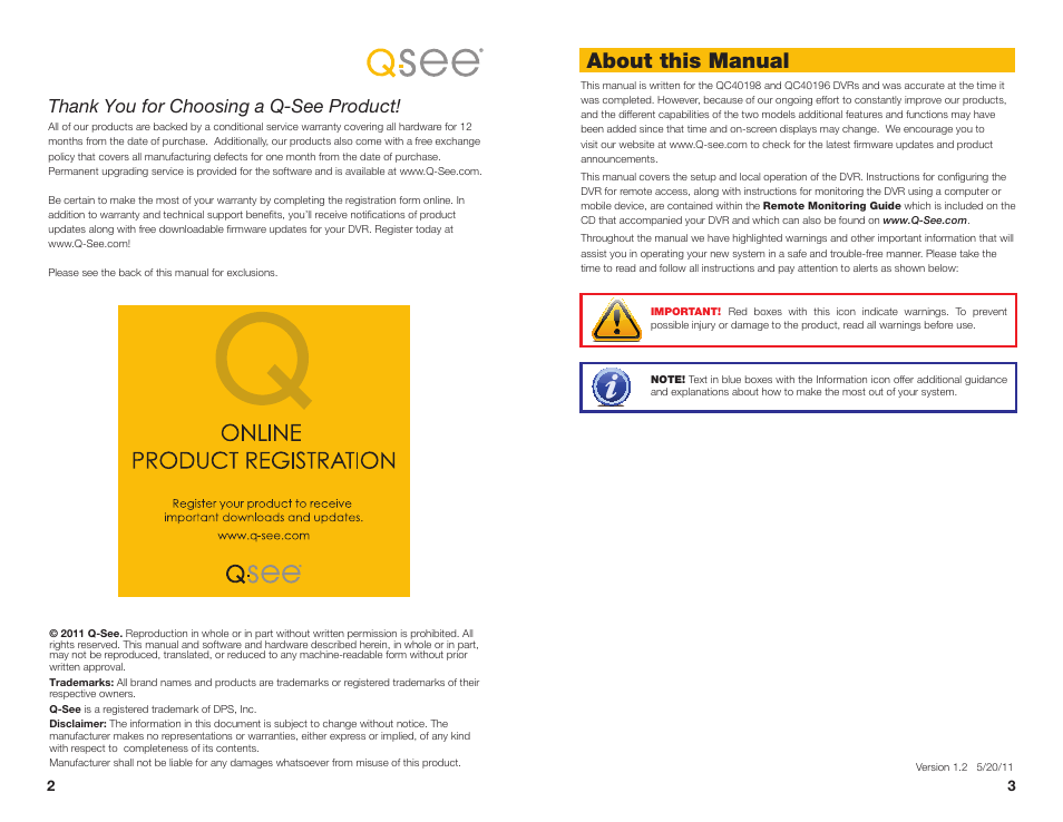 About this manual | Q-See MODEL QC40196 User Manual | Page 2 / 36
