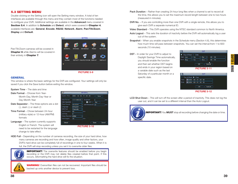 3 setting menu, General, Chapter 5 menus | Q-See MODEL QC40196 User Manual | Page 20 / 36