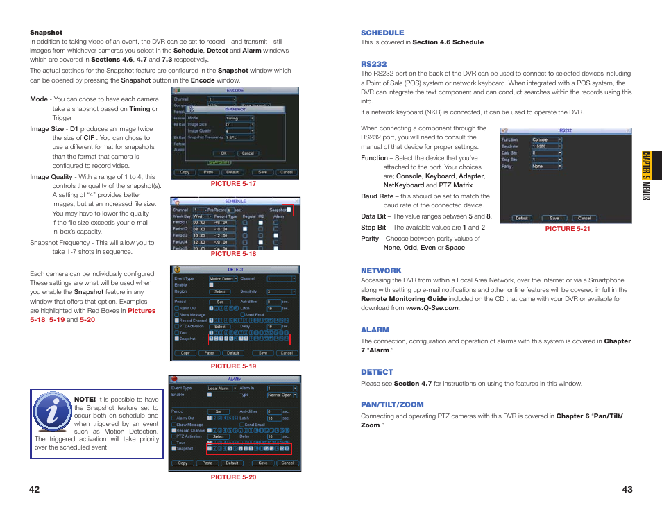 Snapshot, Schedule, Rs232 | Network, Chapter 5 menus | Q-See MODEL QC40196 User Manual | Page 22 / 36