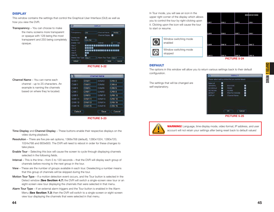 Default, Chapter 5 menus | Q-See MODEL QC40196 User Manual | Page 23 / 36