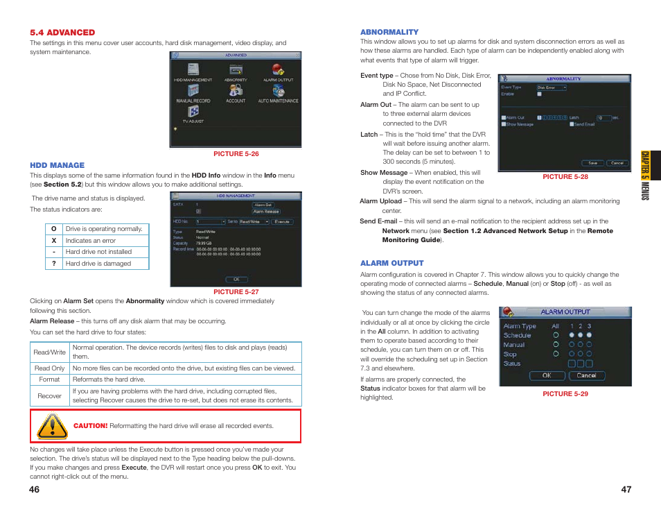 Hdd manage, Abnormality, 4 advanced | Chapter 5 menus | Q-See MODEL QC40196 User Manual | Page 24 / 36