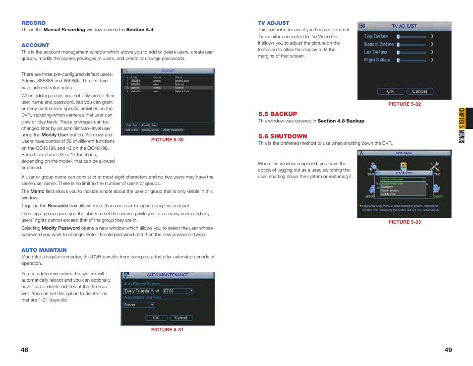 6 shutdown, 5 backup, Record | Account, Auto maintain, Tv adjust, Chapter 5 menus | Q-See MODEL QC40196 User Manual | Page 25 / 36