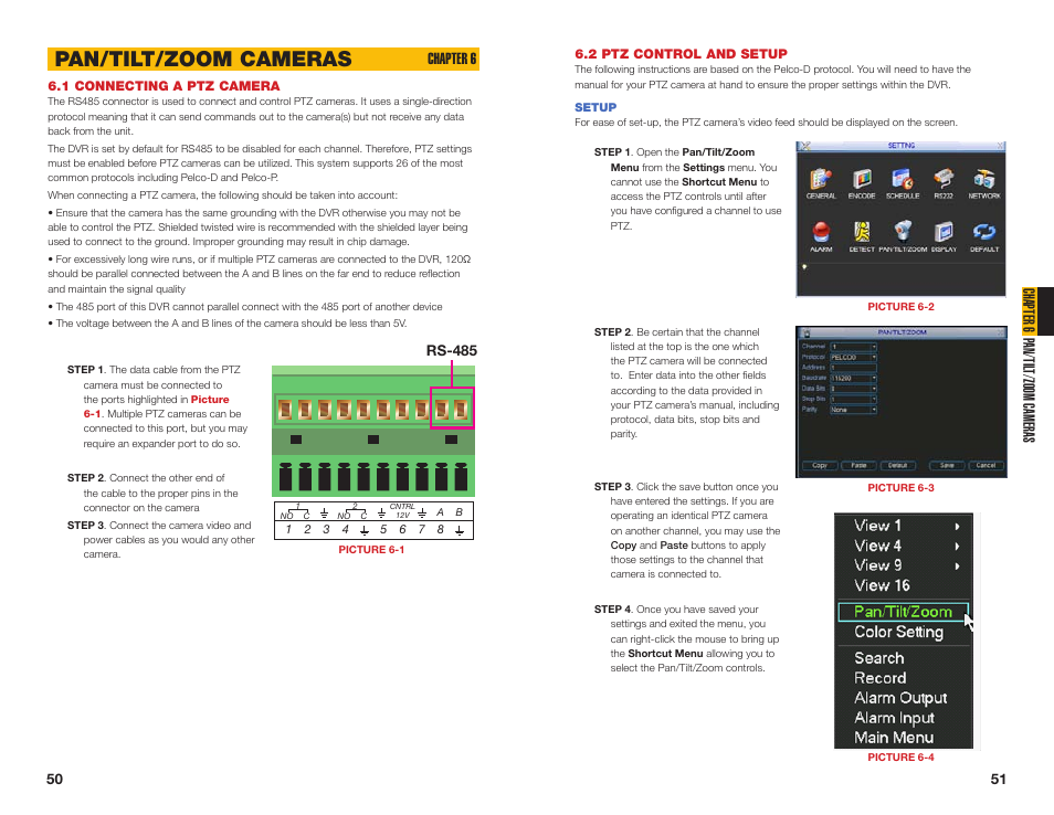2 ptz control and setup, Setup, 1 connecting a ptz camera | Pan/tilt/zoom cameras, Chapter 6 p an/til t/zoom cameras, Chapter 6 | Q-See MODEL QC40196 User Manual | Page 26 / 36