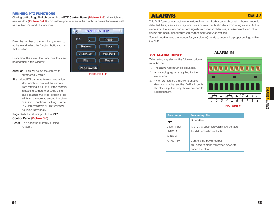 1 alarm input, Running ptz functions, Alarms | Chapter 7 alarms, Chapter 7 | Q-See MODEL QC40196 User Manual | Page 28 / 36